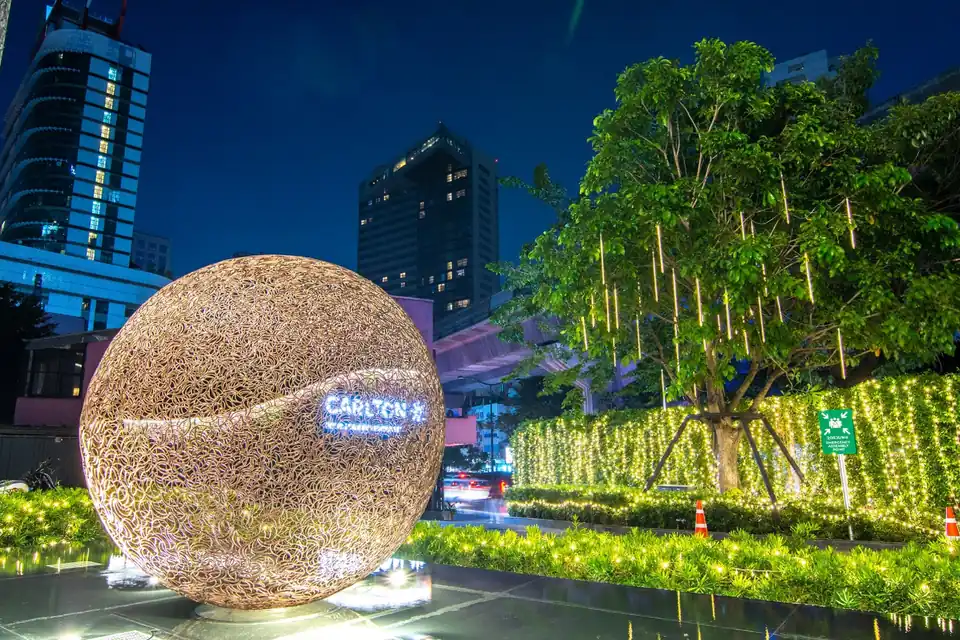 Carlton Hotel Bangkok Sukhumvit lit sphere sign at the entrance via Expedia