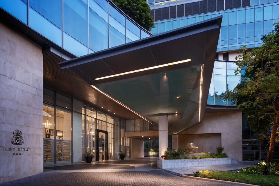 Oriental Residence Bangkok entrance canopy on Wireless Road via Expedia